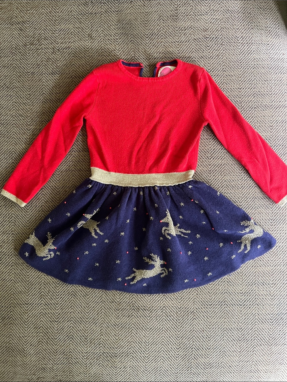 Mini Boden size 2–3 Christmas sweater dress w/ Gold Reindeer
